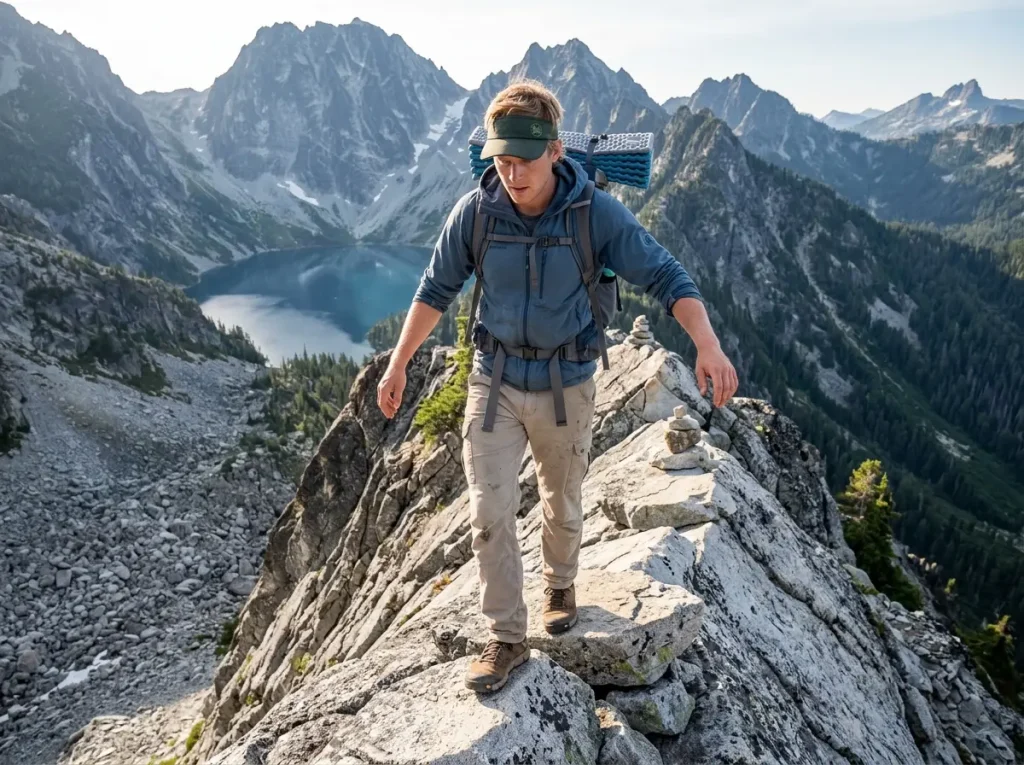 Hiker taking small careful steps along narrow mountain ridge section