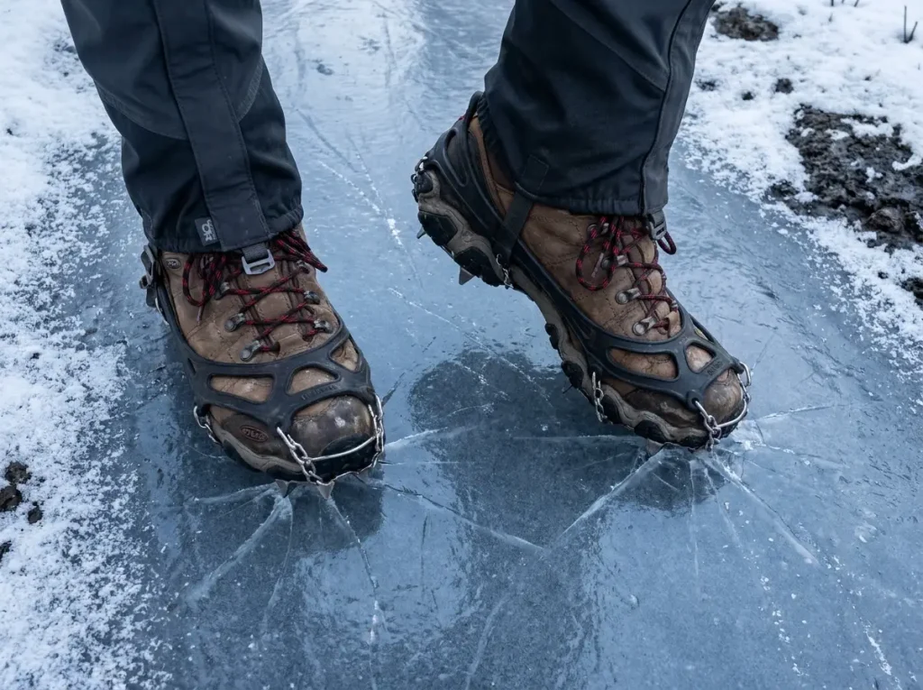 Close-up of microspikes on insulated hiking boots gripping icy trail
