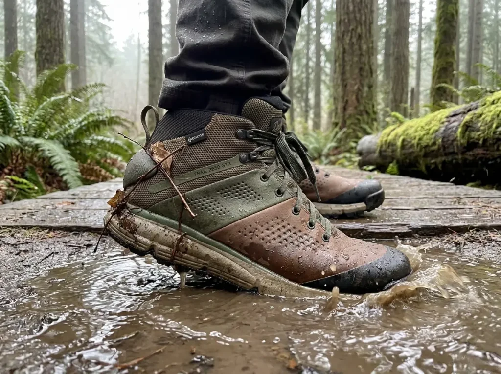 Mid cut hiking boot keeping out trail debris and puddle water on a muddy forest trail