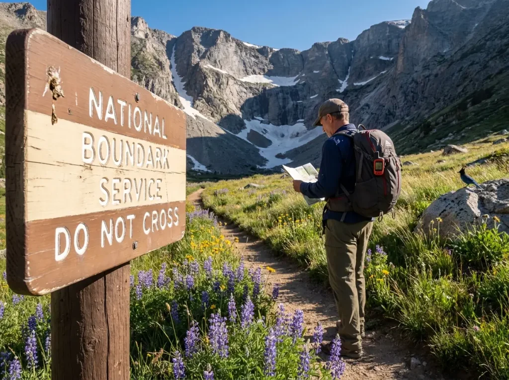 National park boundary sign with mountains behind on a hiking trail