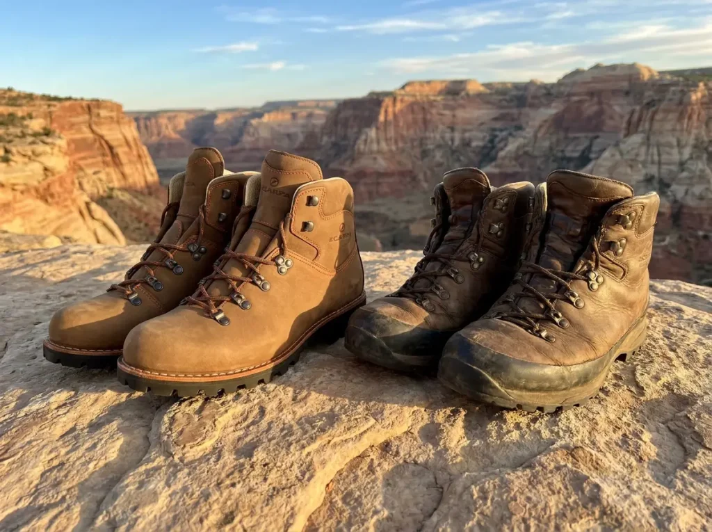 New mid cut hiking boots next to well broken in pair showing leather softening over time