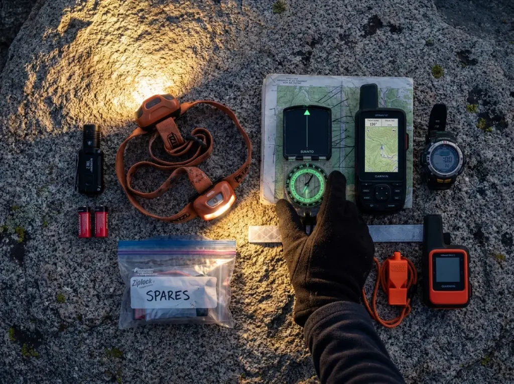Night hiking gear laid out on flat rock including headlamp compass map and GPS