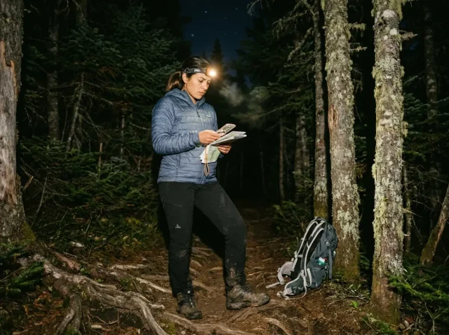 night-navigation-hiker-compass-headlamp Hiker checking compass by headlamp on a dark mountain trail at night