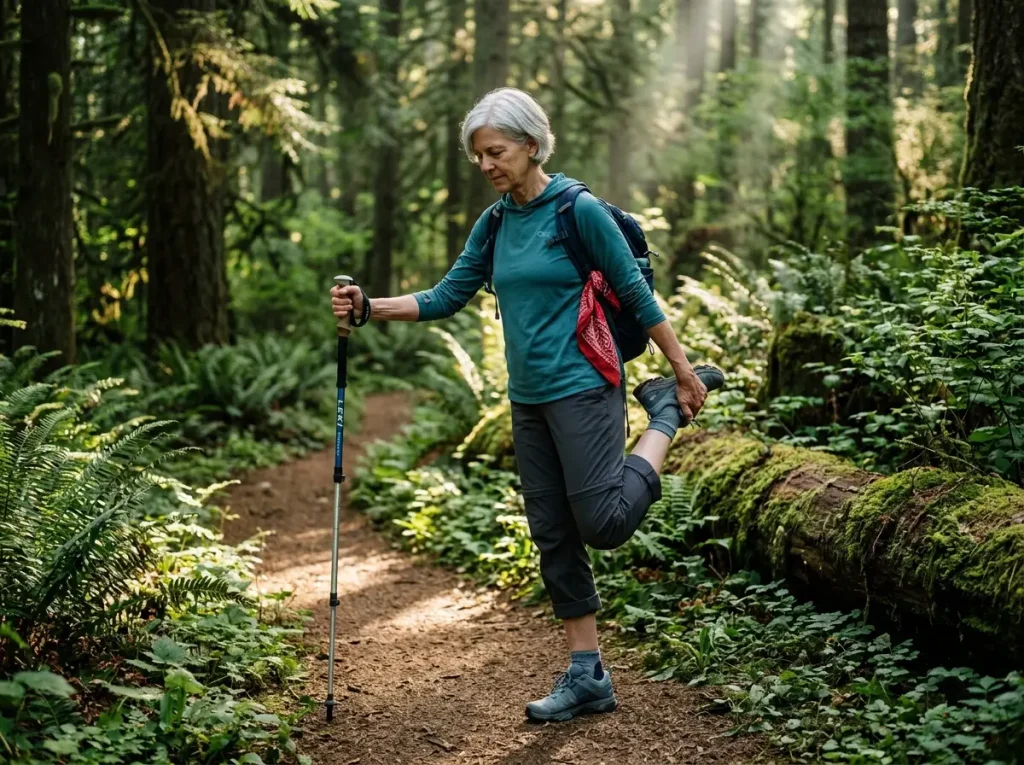 Older hiker pausing to stretch their quadriceps on a forested trail with daypack