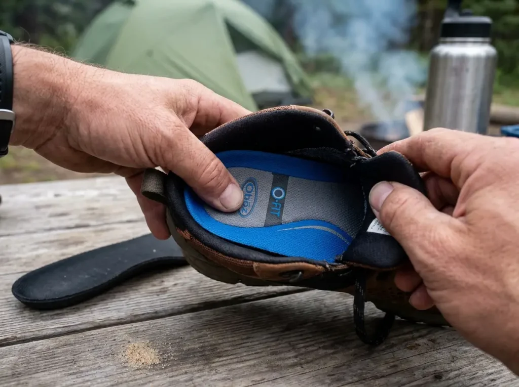 Close-up of aftermarket orthotic insole inside a hiking boot showing arch support