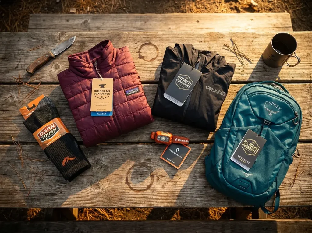 Collection of outdoor gear brands with warranty tags displayed on a camp table