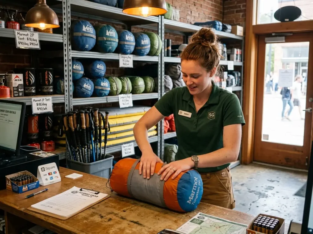 Staff member organizing rental tents and sleeping bags in outdoor shop