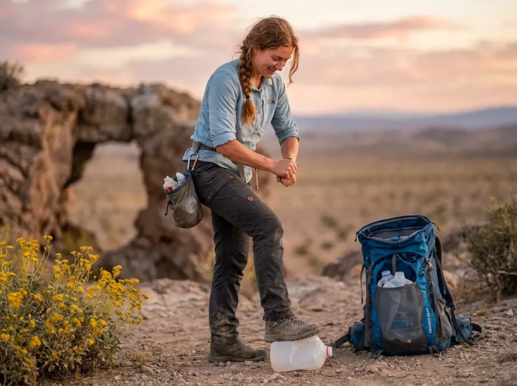 Hiker crushing empty water jugs to pack out after retrieving desert water cache
