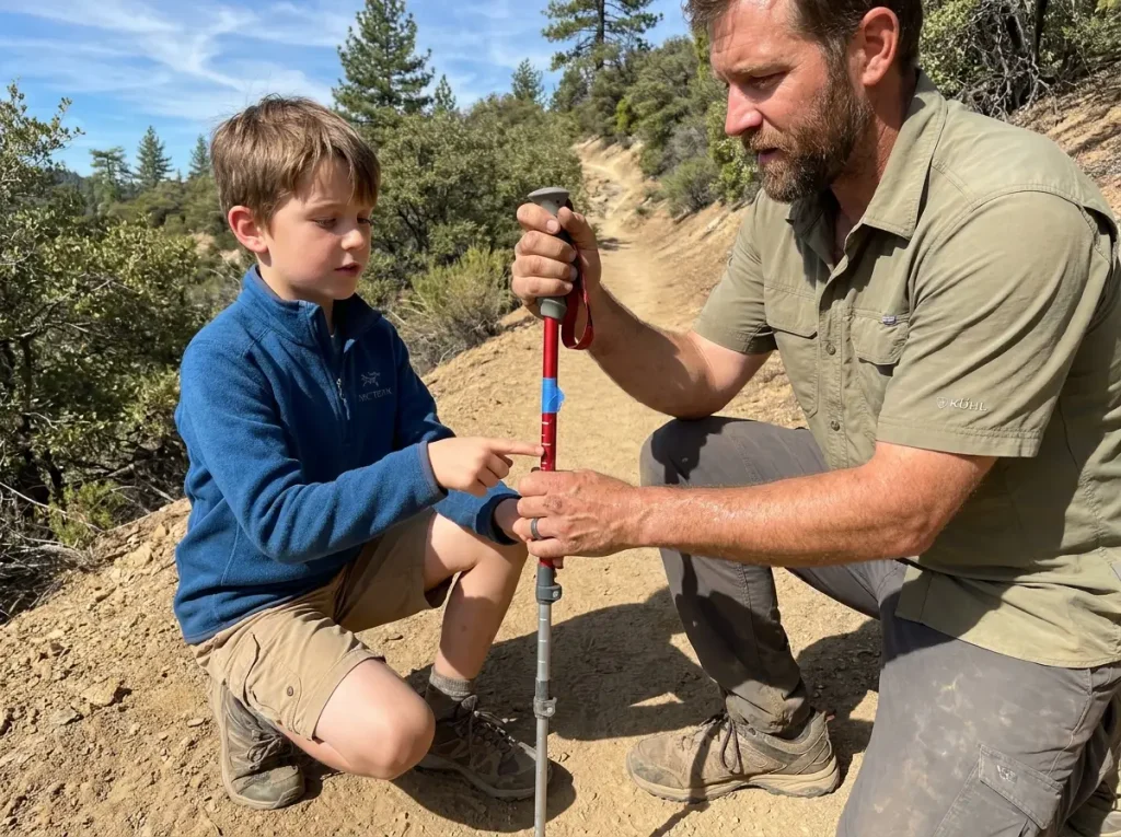 Parent teaching child to adjust trekking pole length on a hillside trail