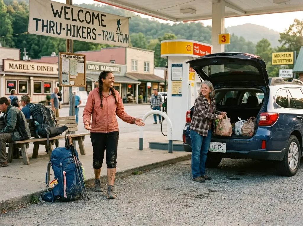 Hiker approaching driver at gas station near trail town