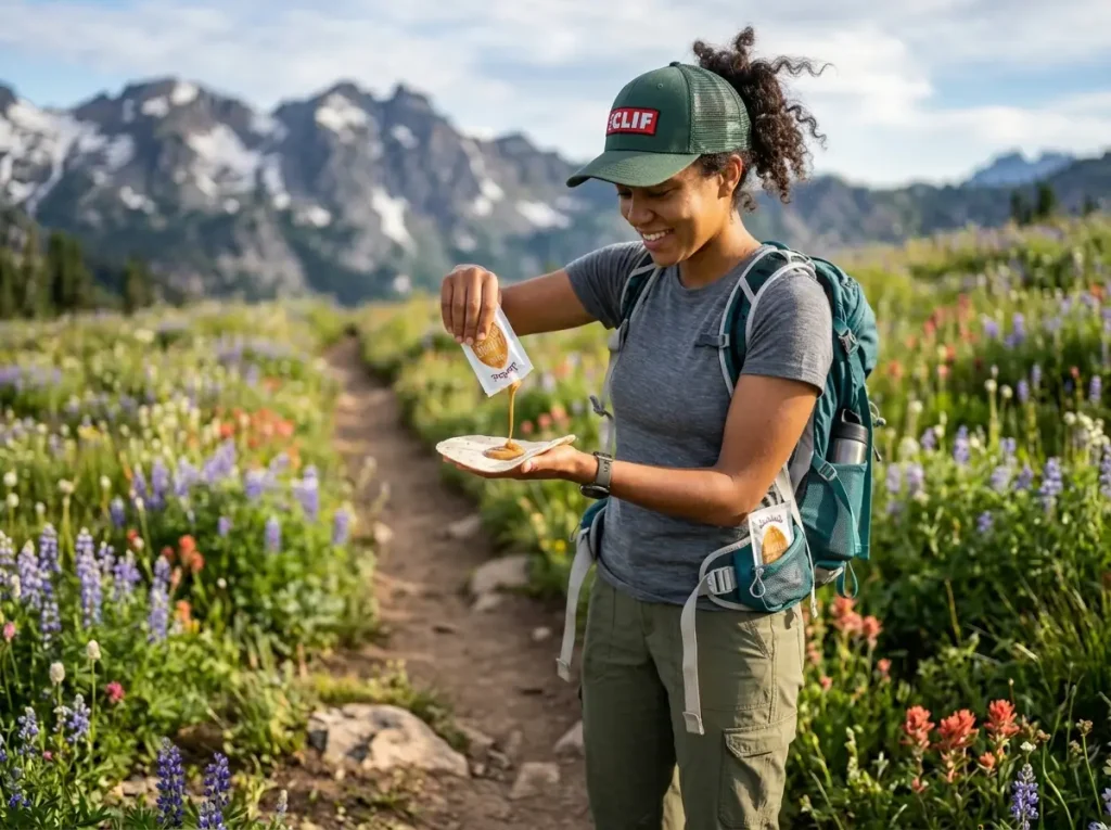 Hiker squeezing a peanut butter packet onto a tortilla on the trail