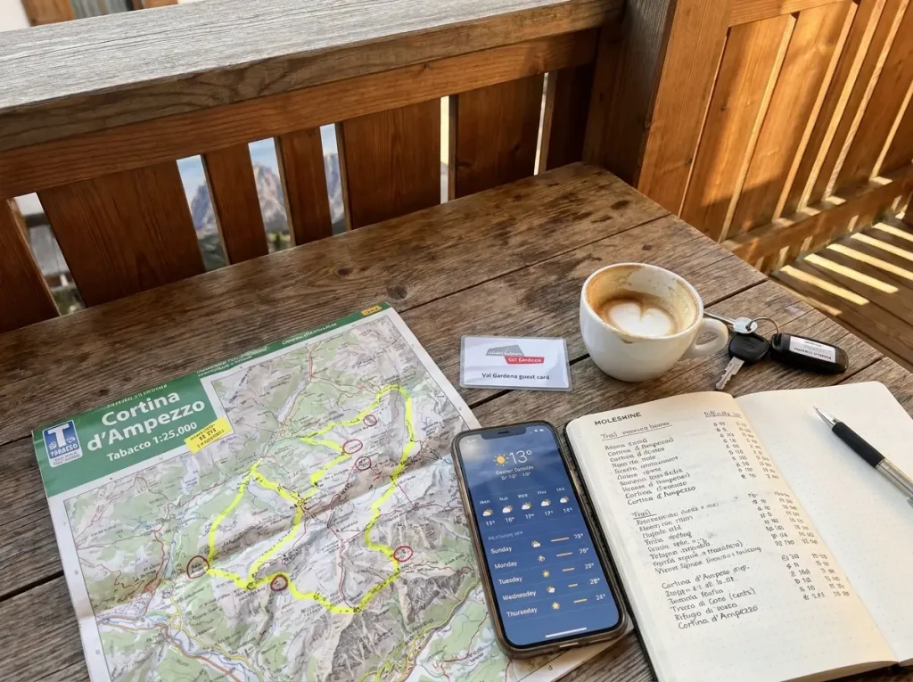 Map and hiking guidebook spread on wooden table with coffee and Dolomites view
