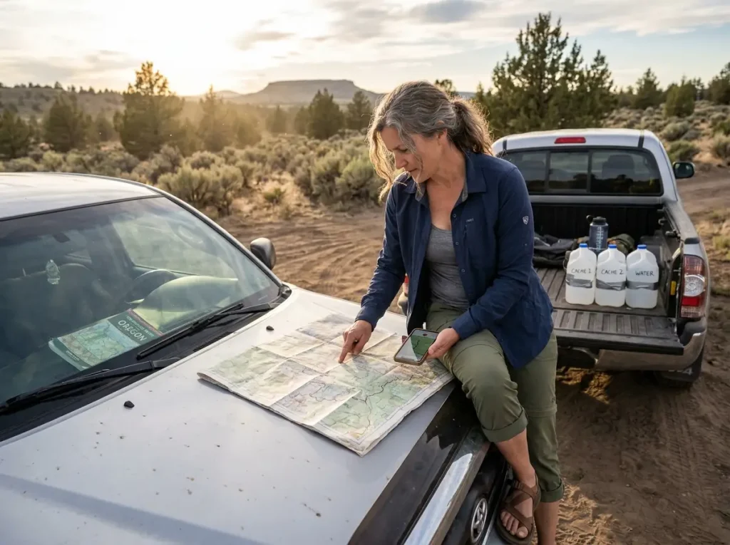 Hiker studying a trail map spread on the hood of a truck at a desert trailhead