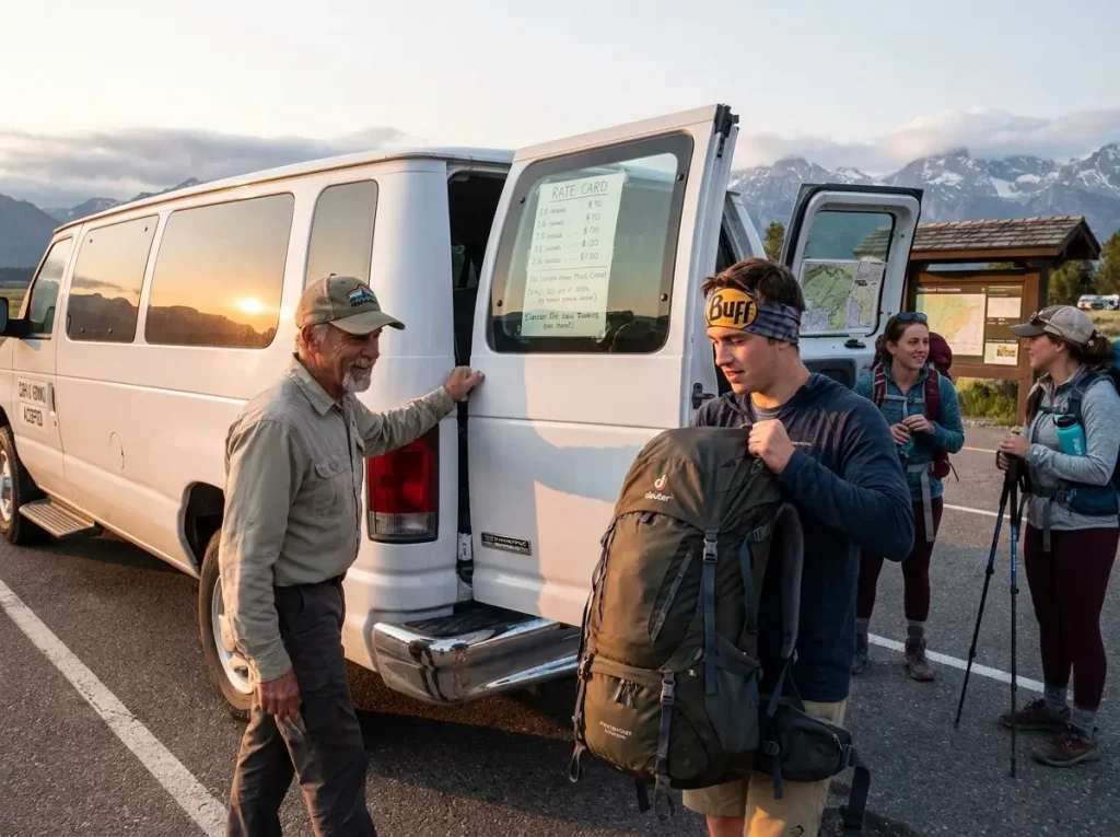 Hikers loading packs into a shuttle van at a national park trailhead