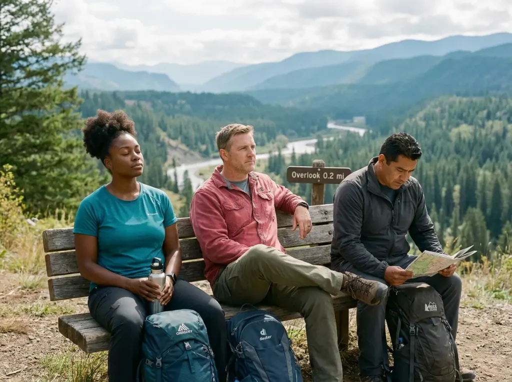 Group of veterans resting on trail overlooking mountain valley with research data overlay