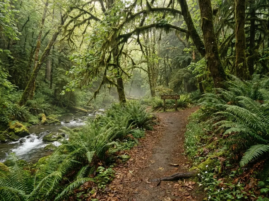 Shaded forest trail with stream and fern canopy ideal for calming PTSD symptoms