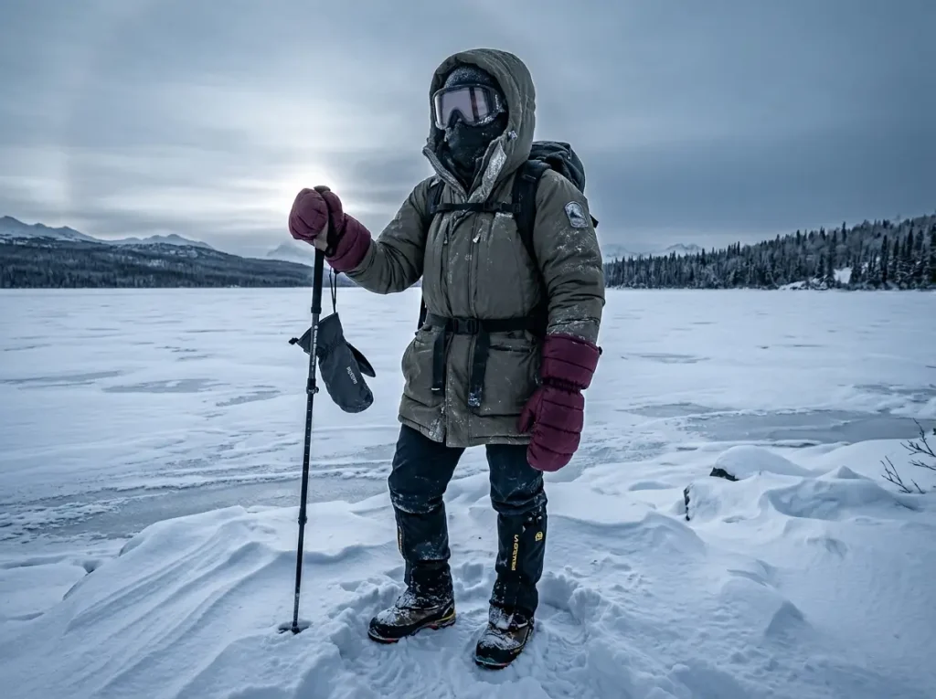 Hiker in extreme cold wearing puffy down mittens with shell layer in arctic conditions