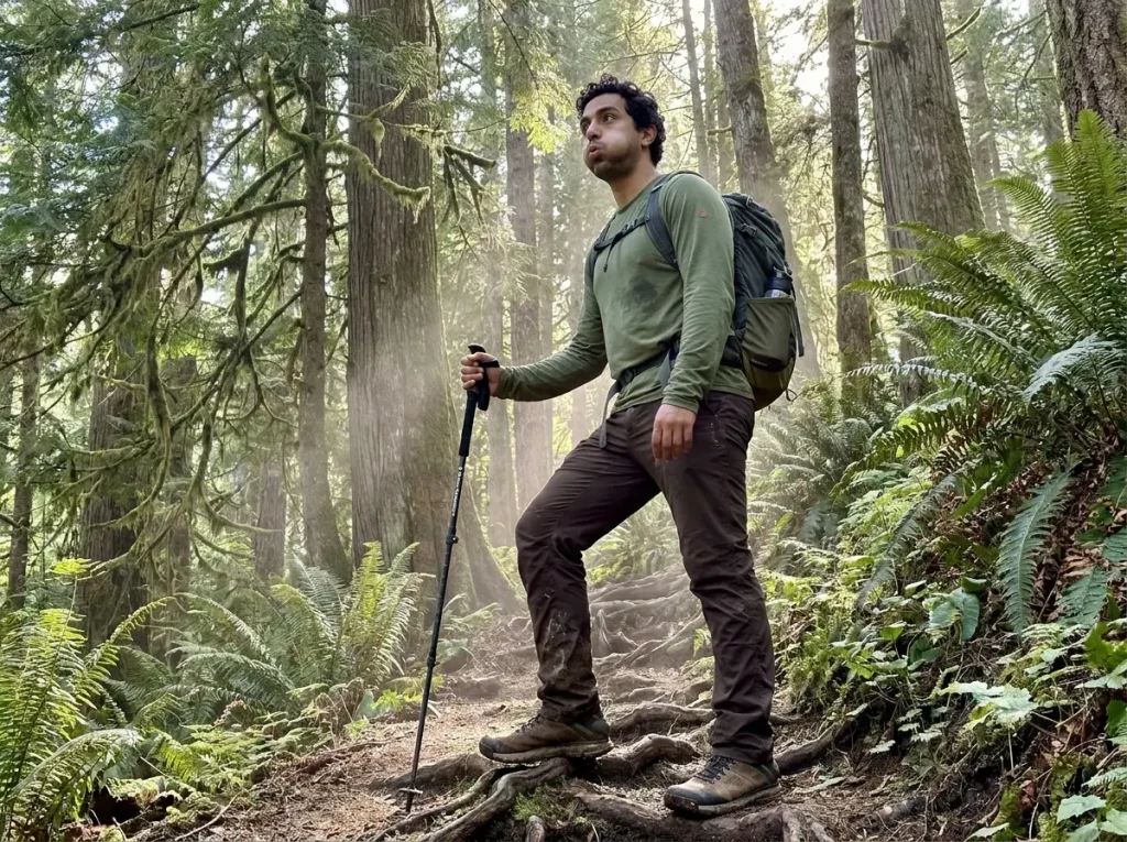 Hiker practicing pursed-lip breathing technique on steep forest switchback