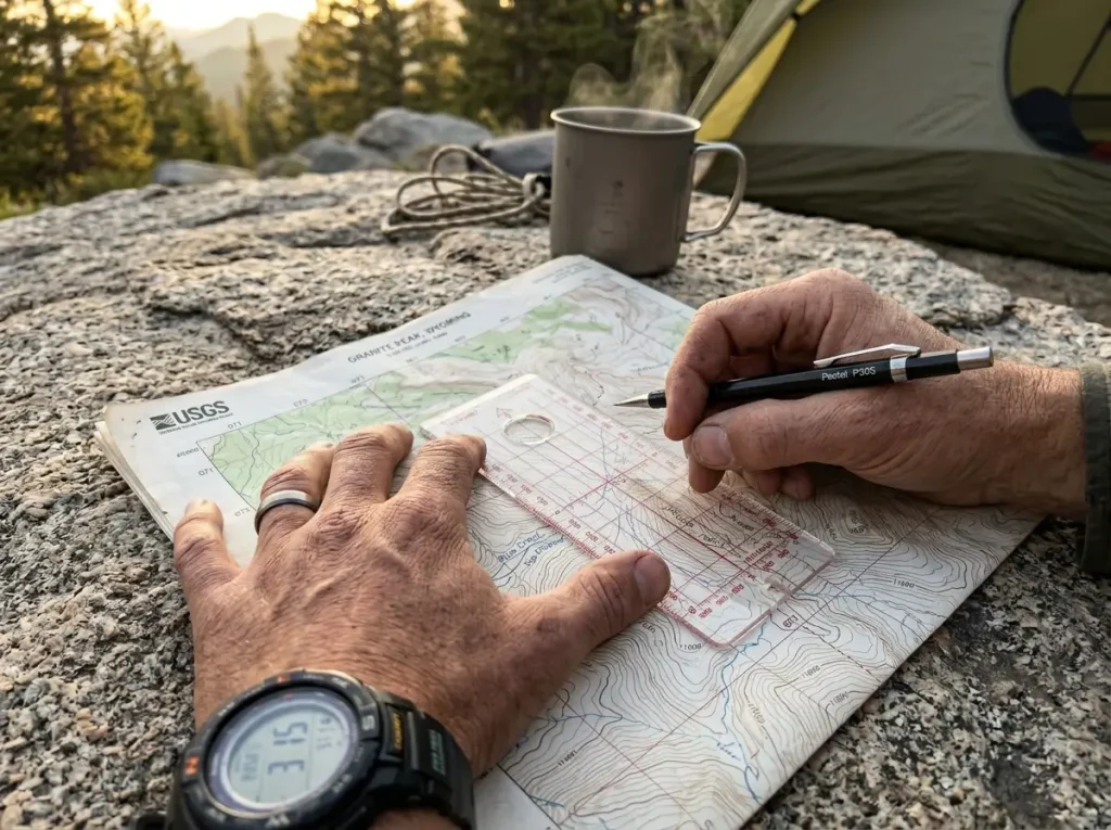 Hiker using a UTM grid overlay tool to plot coordinates on a map