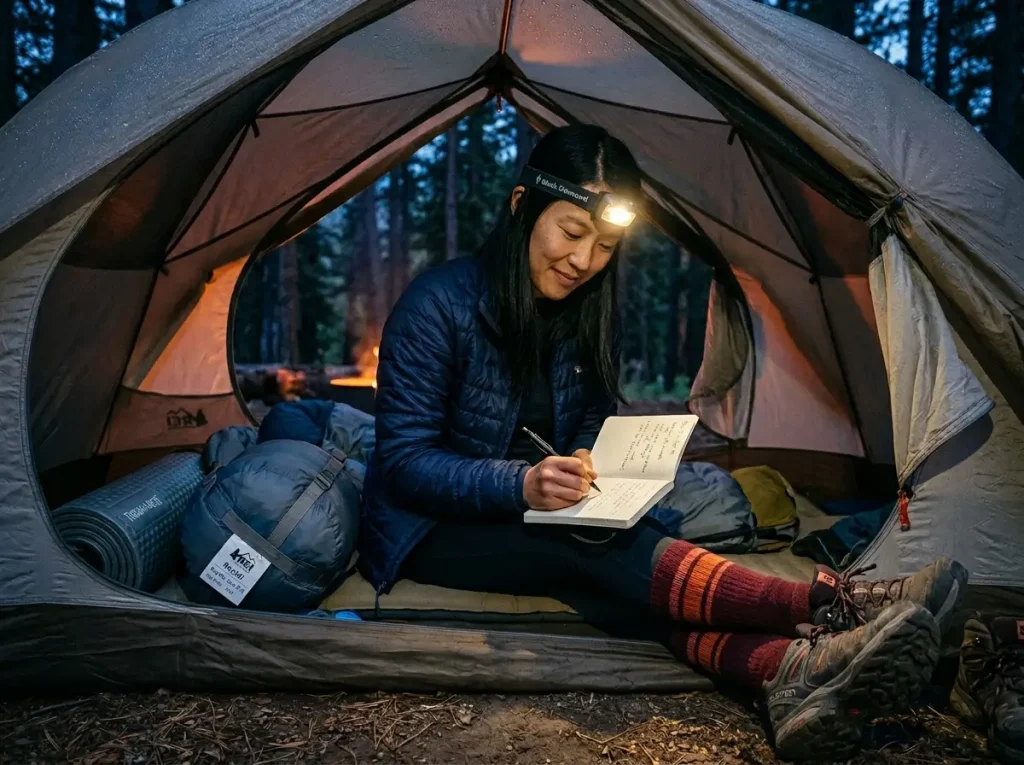 Hiker writing gear evaluation notes by headlamp inside a tent