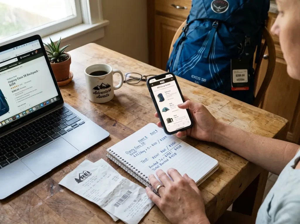 Hiking gear price tags and rental receipts compared on a kitchen table