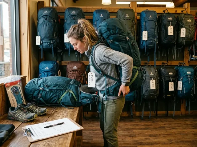 renting-hiking-gear-before-buying-hero Hiker examining rental backpack fit at an outdoor gear shop counter