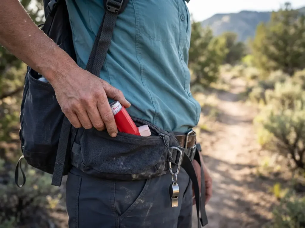 Close-up of rescue inhaler stored in hiking pack hip belt pocket for quick access