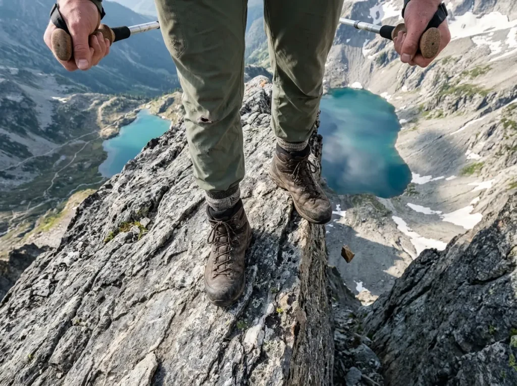 Close-up of hiker's boots on narrow rocky ridge with steep exposure