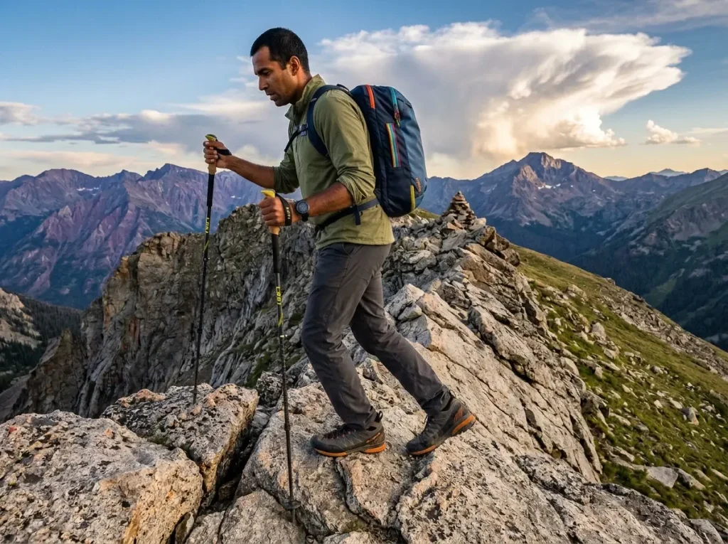 Hiking boots and trekking poles on rocky alpine ridge terrain