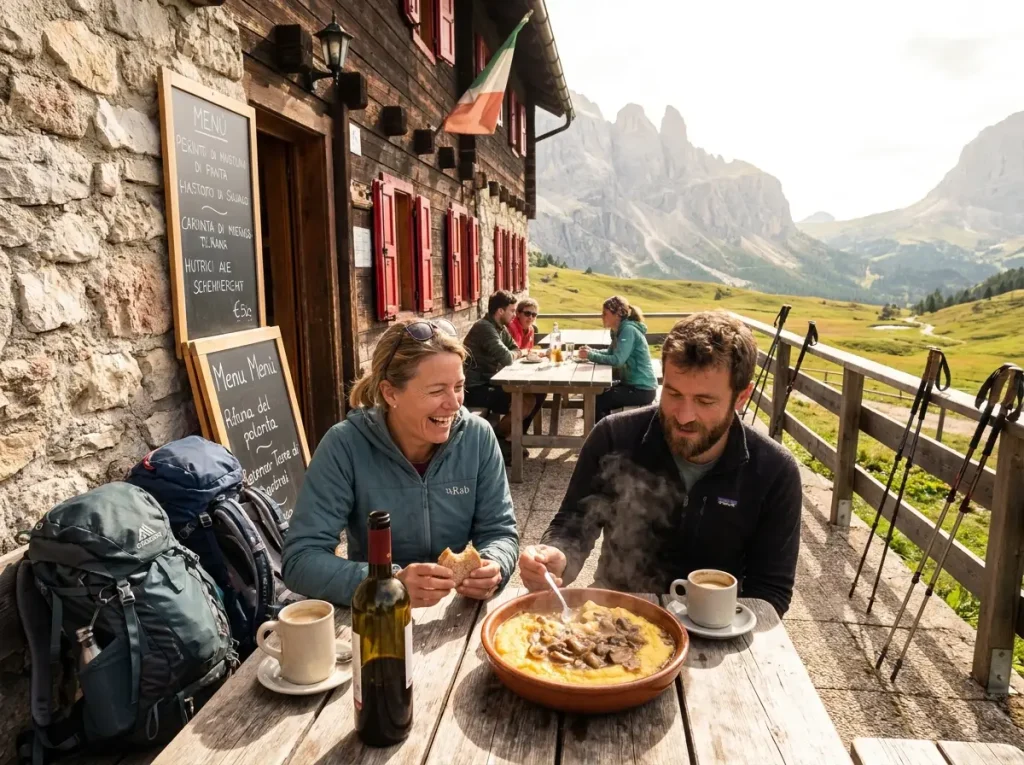 Hikers dining at outdoor rifugio terrace with mountain views in Dolomites