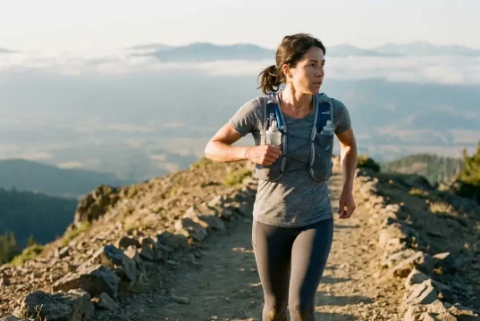 Running Vest vs Daypack and What Your Pace Decides Fast hiker in a Salomon running vest reaching for a front soft flask at dawn on a ridge trail