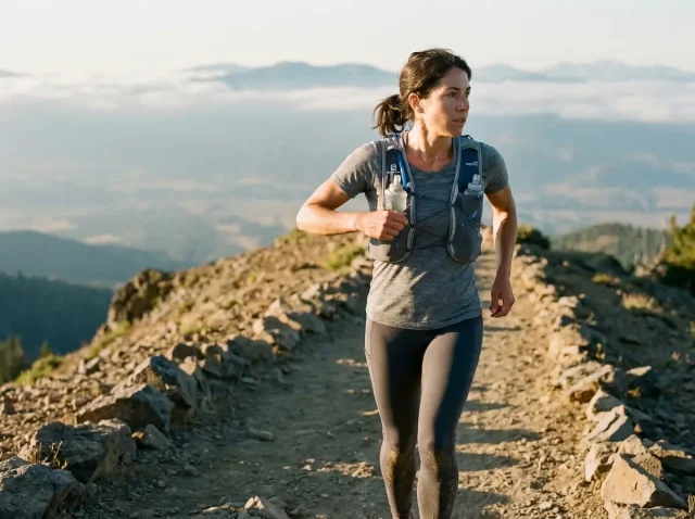 running-vest-vs-daypack-fast-day-hike-hero Fast hiker in a Salomon running vest reaching for a front soft flask at dawn on a ridge trail