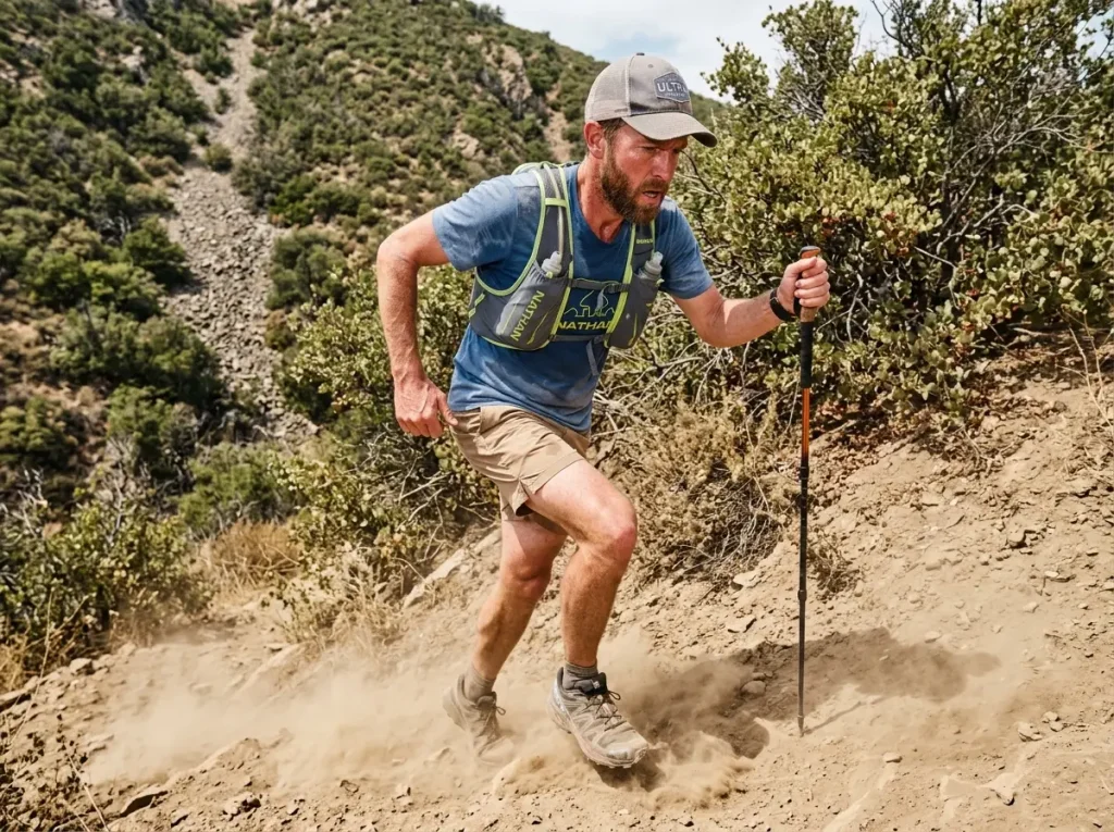 Hiker power-hiking fast uphill in a Nathan running vest, testing whether pace calls for a vest
