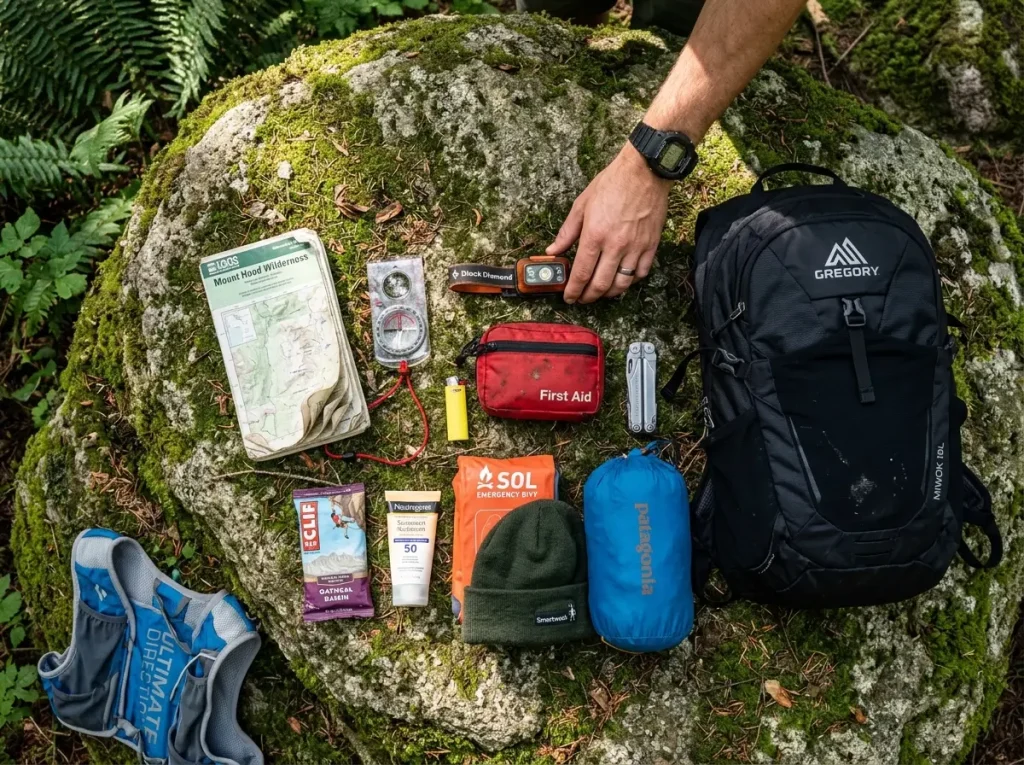 Ten Essentials laid out on a rock beside a Gregory daypack, more gear than a small vest holds