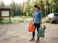Running Vest vs Daypack Which Fits Your Hiking Pace Hiker comparing running vest and daypack at a mountain trailhead before a fast day hike