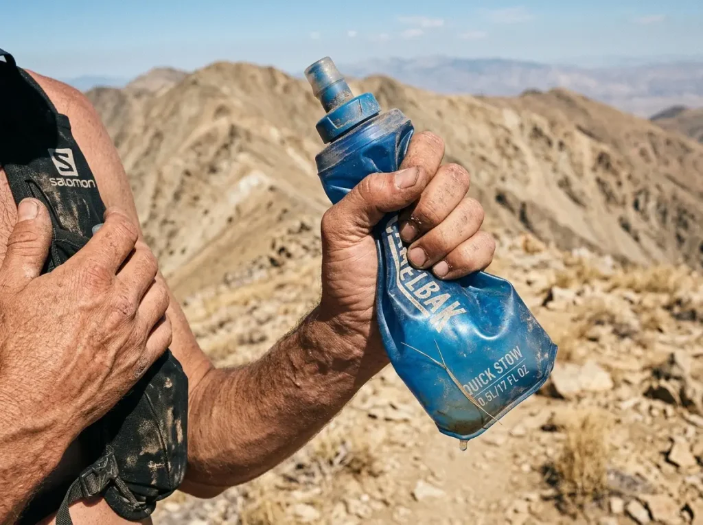 Hiker squeezing the last water from an empty soft flask on a dry exposed trail, vest water running low