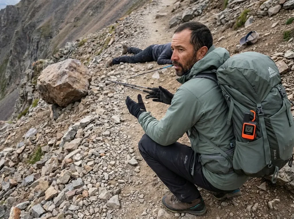 Hiker kneeling to assess an unresponsive person on a mountain trail checking for hazards