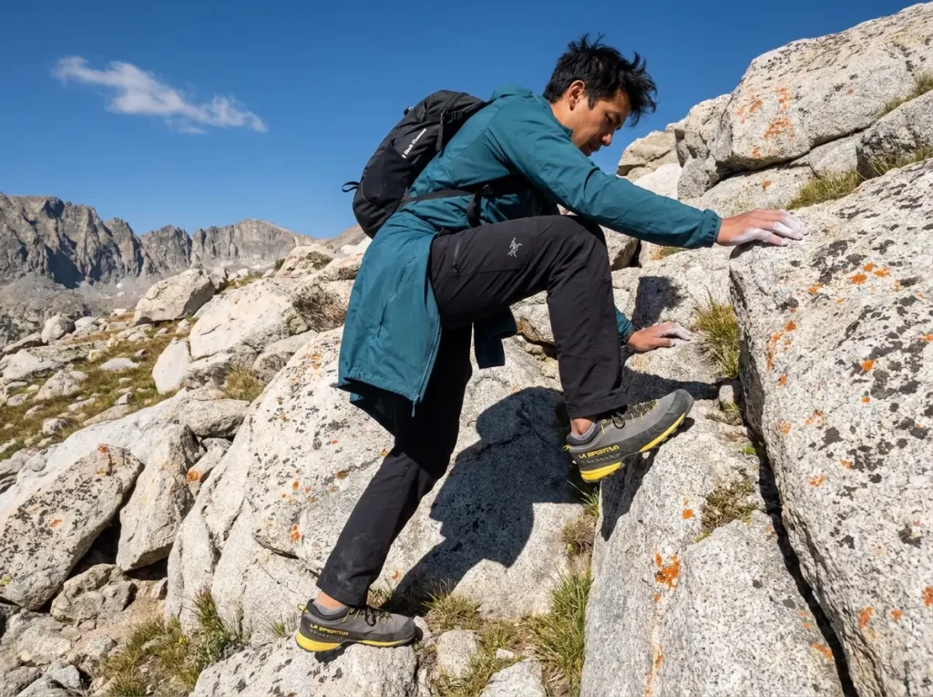 Hiker scrambling over boulders in low cut approach shoes showing full ankle range of motion