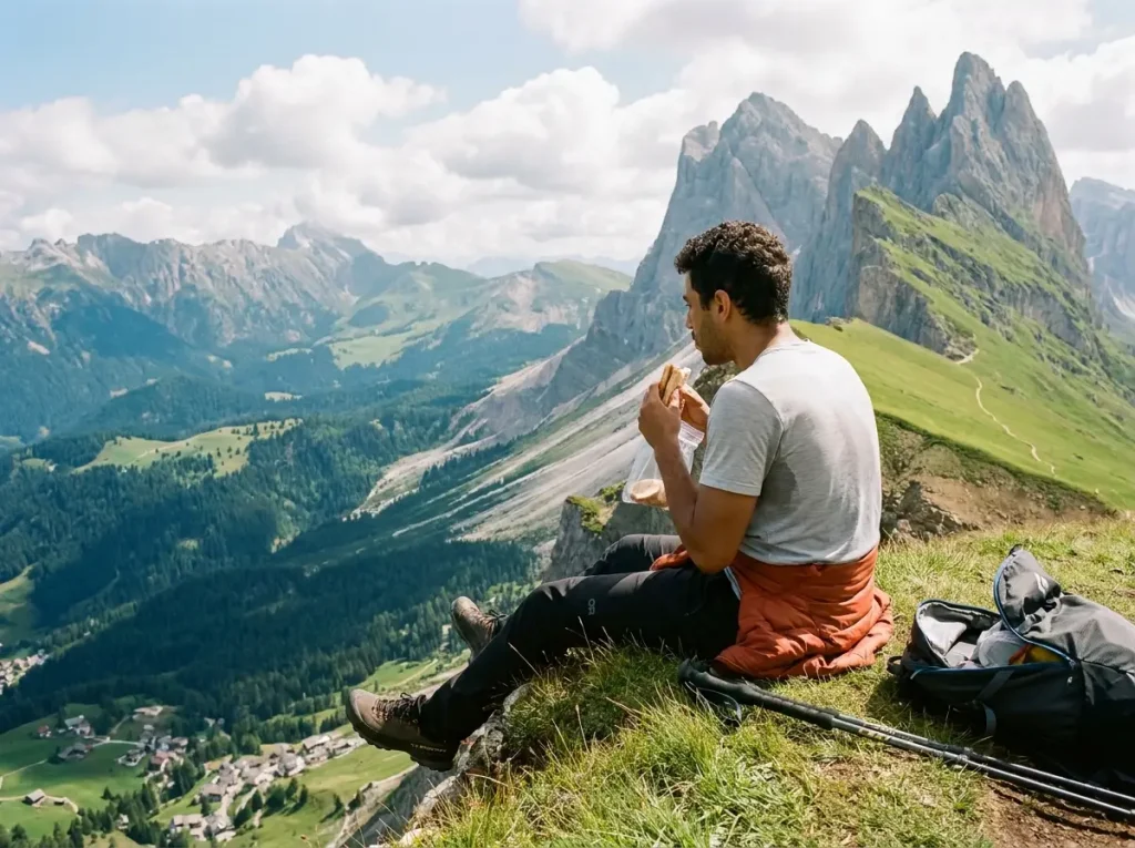 Seceda ridgeline razor peaks with green meadows and Val Gardena valley below