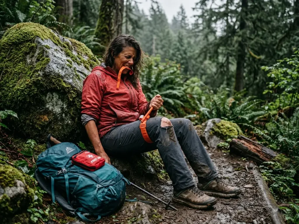 Solo hiker self-applying a tourniquet one-handed on their thigh in a remote wilderness setting