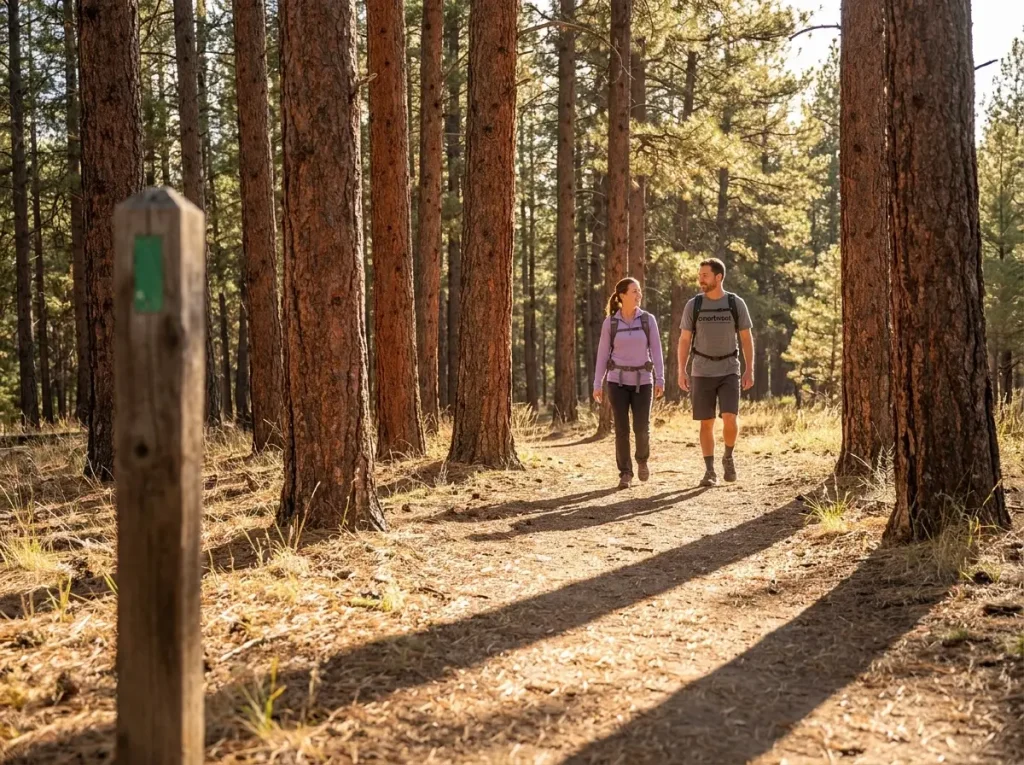 Shaded forest trail with gentle grade winding through tall pines ideal for asthmatic hikers