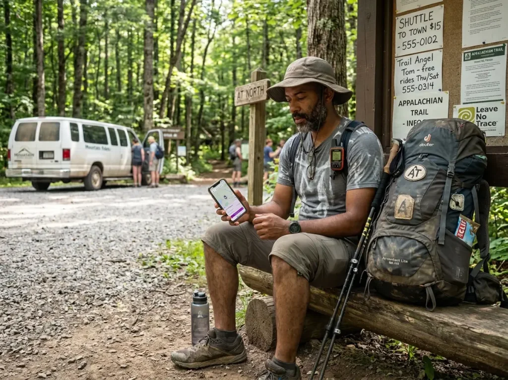 Thru-hiker checking phone for shuttle service at trailhead