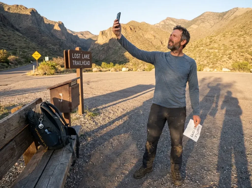 Hiker checking a phone with no signal at a remote mountain trailhead