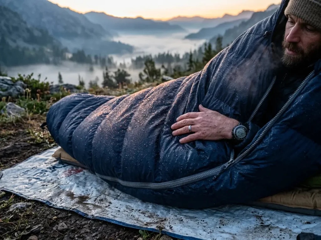 Sleeping bag with morning dew droplets showing condensation from cowboy camping
