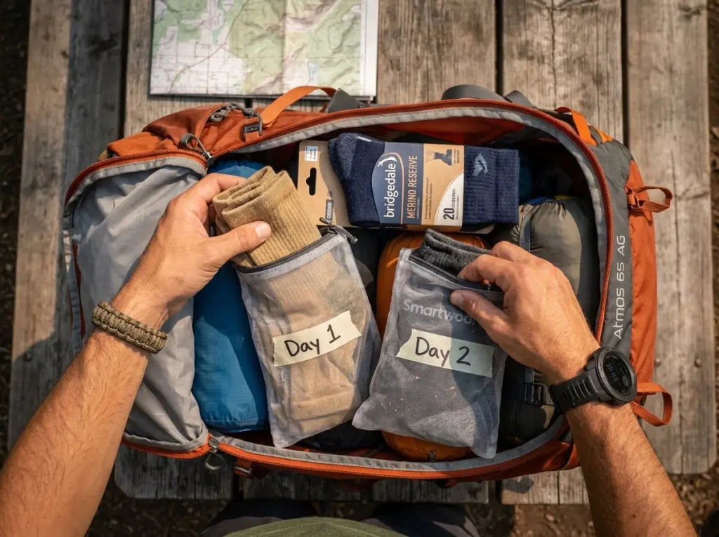 Hiker organizing sock rotation in their backpack for a multi-day trip