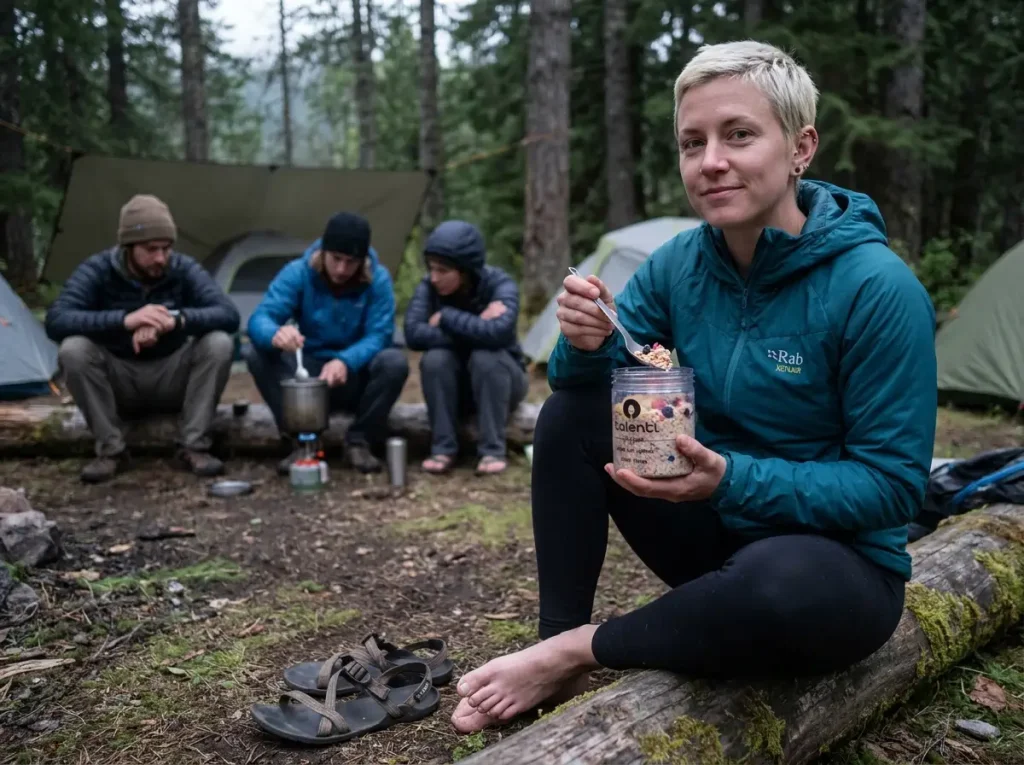 Solo hiker eating a cold soak meal from a jar while group cooks nearby