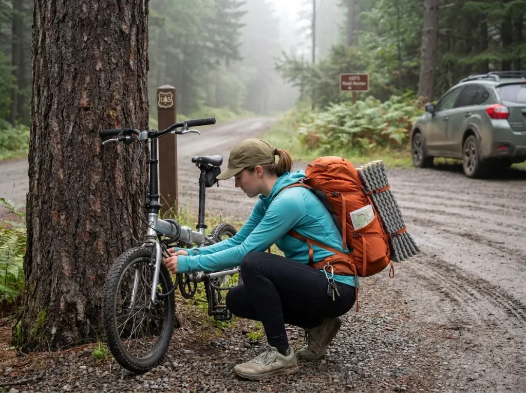 Solo hiker locking a bicycle to a tree near a trailhead parking area