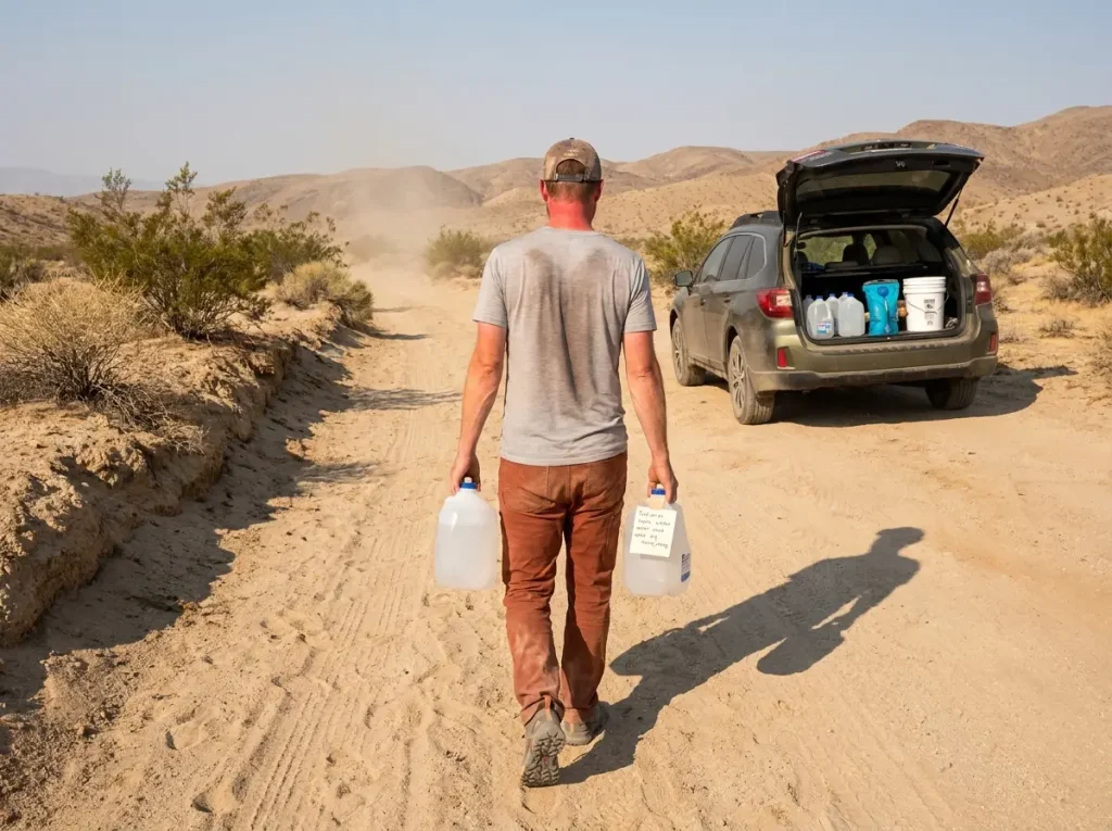 Solo hiker carrying water jugs from a truck down a desert wash to a cache point