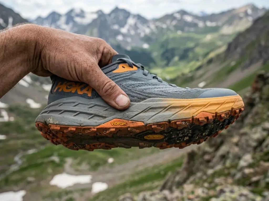 Close-up of hiking shoe midsole showing stack height thickness measurement