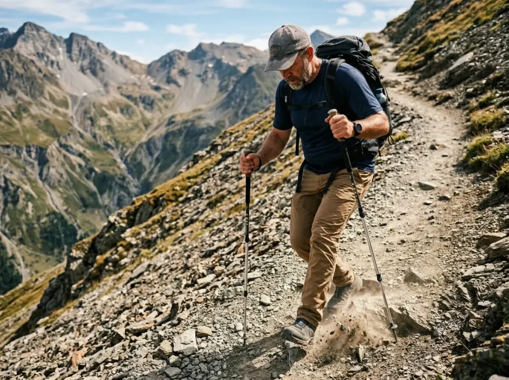 Hiker descending steep rocky trail showing downhill foot position stress